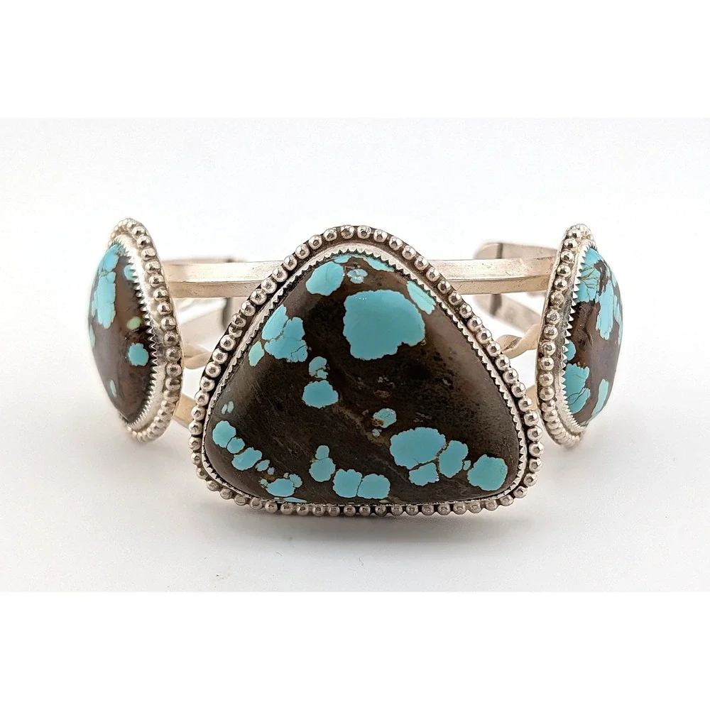 Natural Number 8 Turquoise Silver Cuff Bracelet Large 3 Stone Southwest Jewelry* - Picture 4 of 9